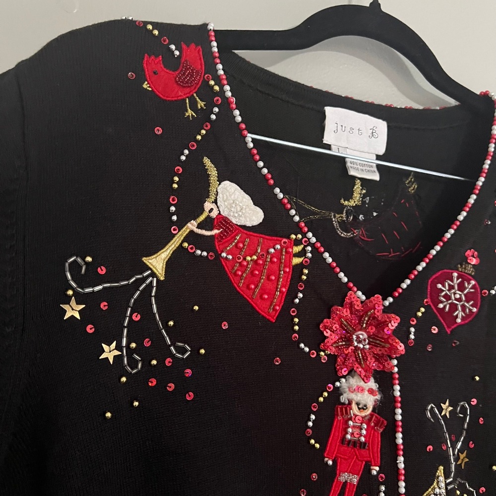 Just B Black Beaded Christmas Cardigan Sweater Large ugly holiday festive kitsch - Picture 3 of 16